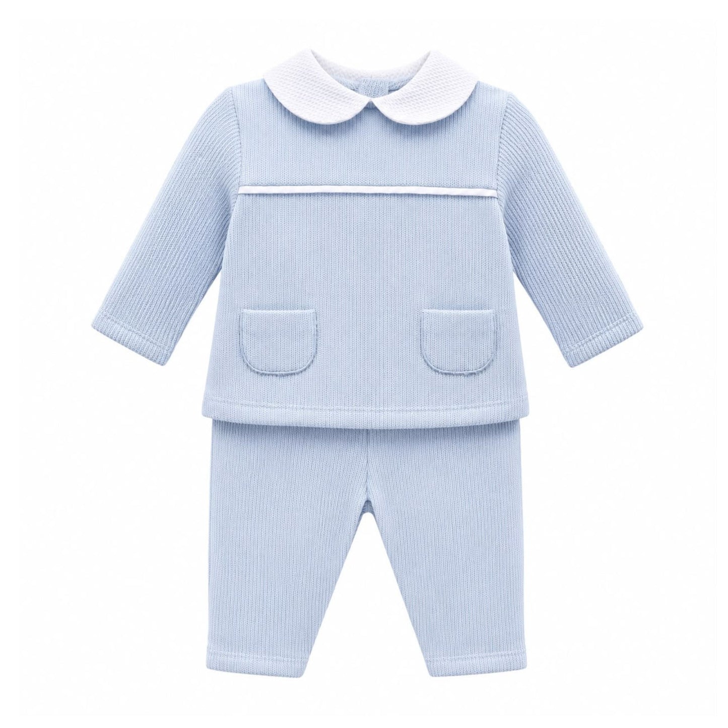 Kleo Kids baby boys blue two piece outfit with white Peter Pan collar and front pockets