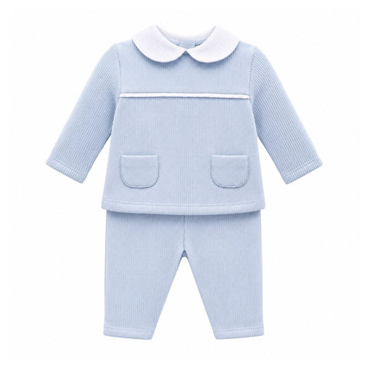 Kleo Kids baby boys blue two piece outfit with white Peter Pan collar and front pockets