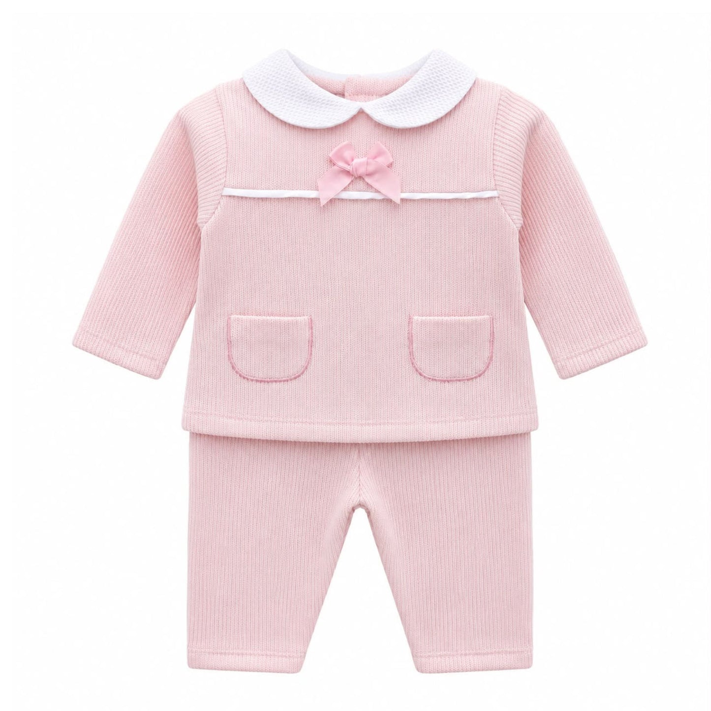 Kleo Kids baby girls pink two piece outfit with white Peter Pan collar and bow