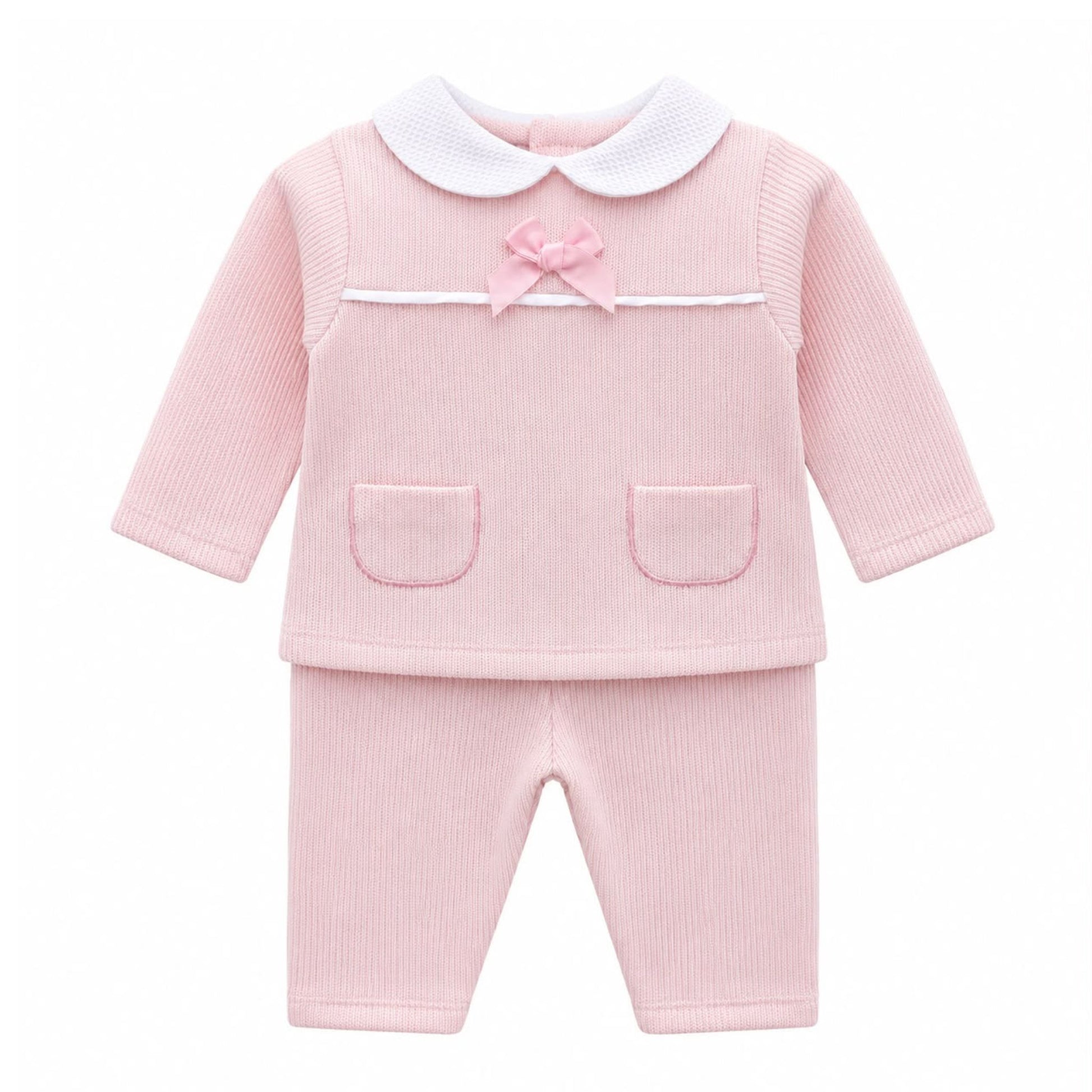 Kleo Kids baby girls pink two piece outfit with white Peter Pan collar and bow