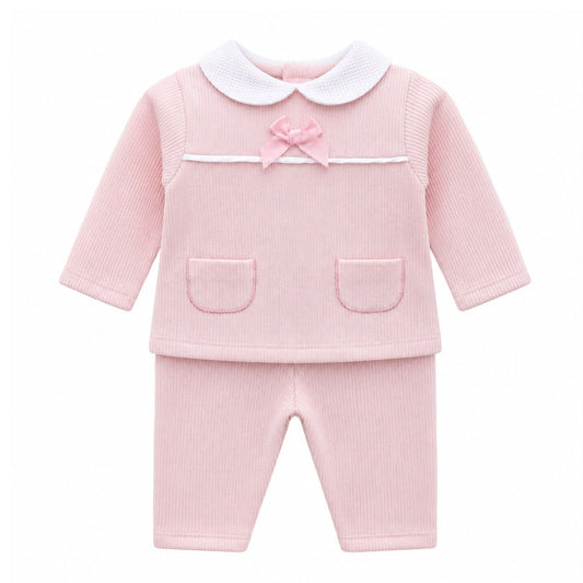 Kleo Kids baby girls pink two piece outfit with white Peter Pan collar and bow