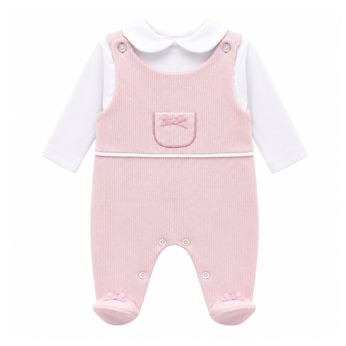 Kleo Kids baby girls pink dungaree sleepsuit and white Peter Pan collar top set