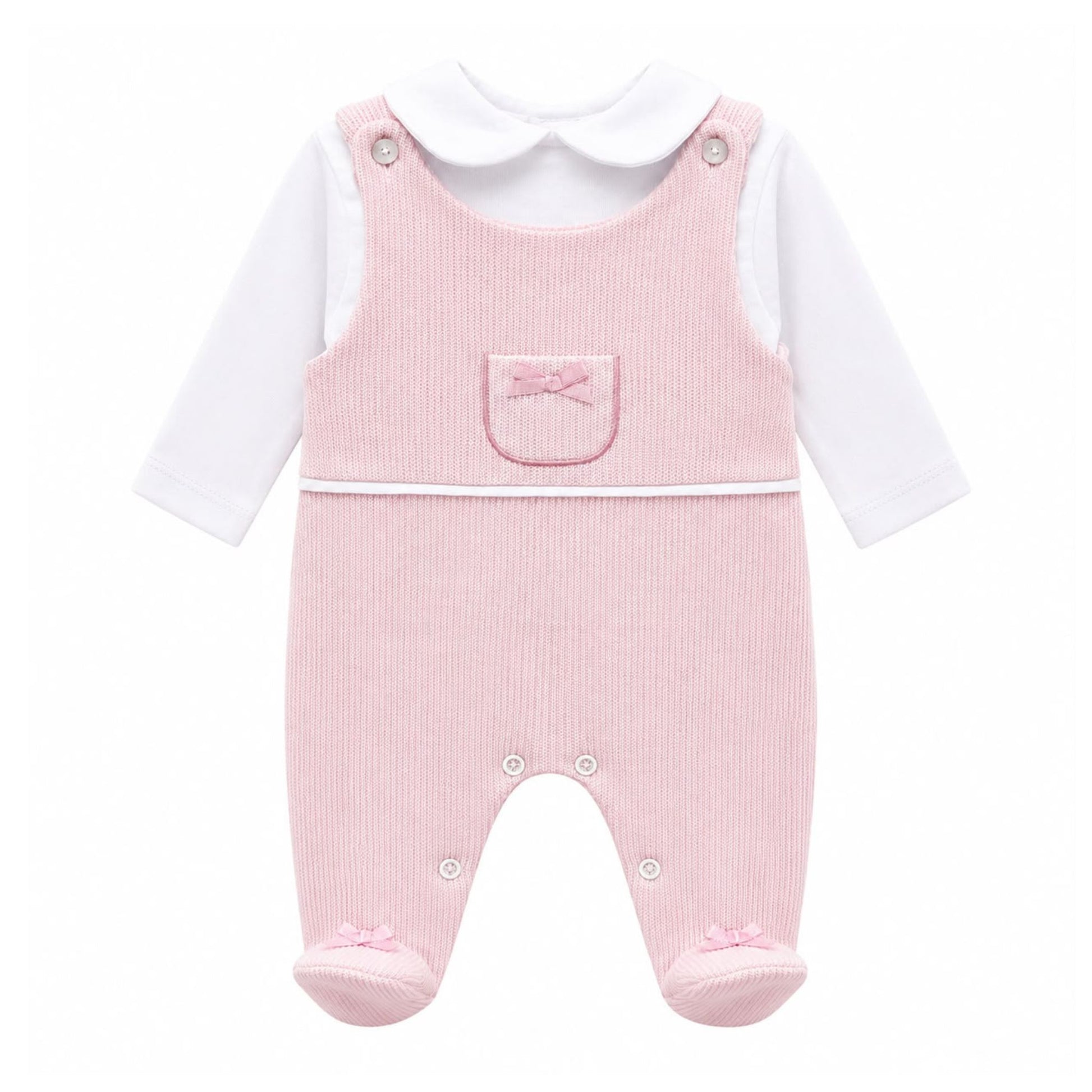 Kleo Kids baby girls pink dungaree sleepsuit and white Peter Pan collar top set