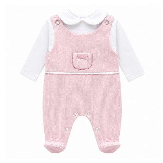 Kleo Kids baby girls pink dungaree sleepsuit and white Peter Pan collar top set