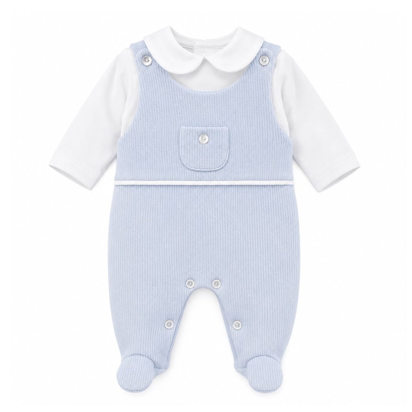 Kleo Kids baby boys blue dungaree two piece outfit with white Peter Pan collar top