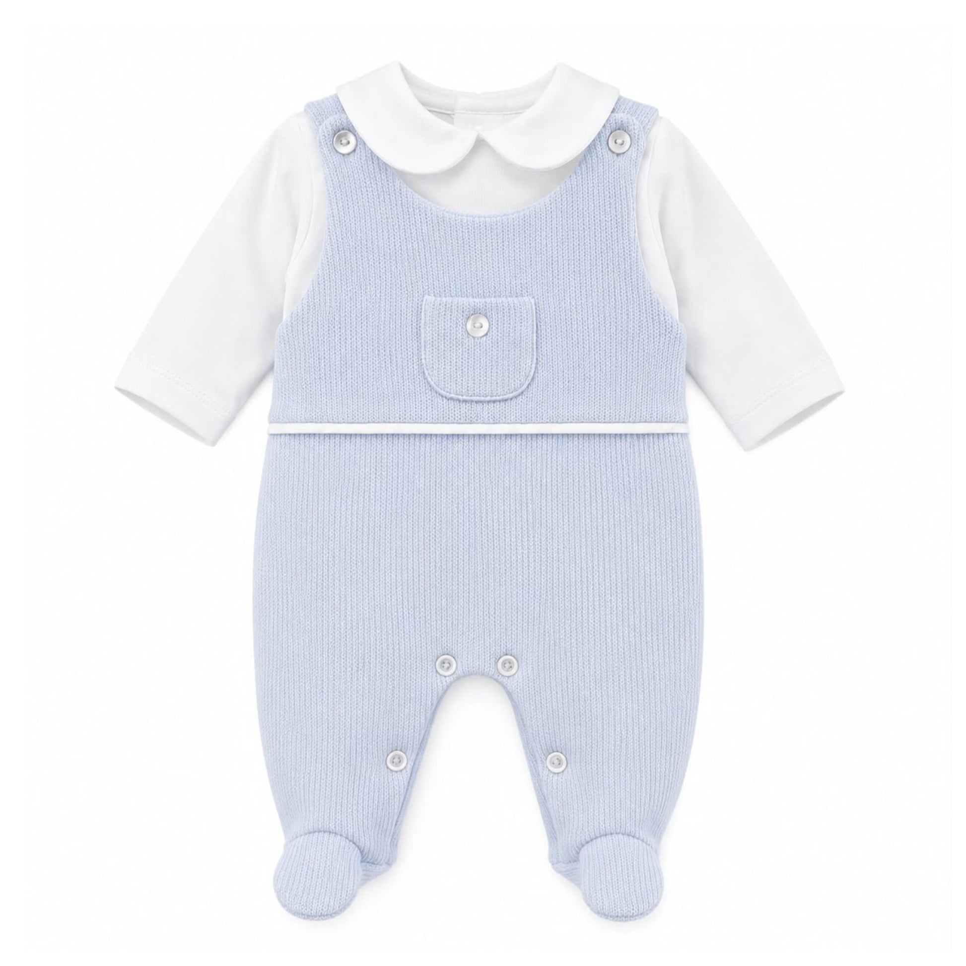 Kleo Kids baby boys blue dungaree two piece outfit with white Peter Pan collar top