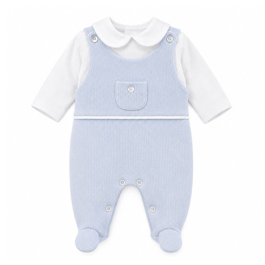 Kleo Kids baby boys blue dungaree two piece outfit with white Peter Pan collar top