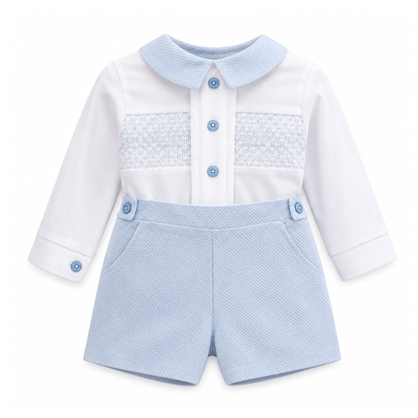 Kleo Kids Baby Boys Blue Smocked Shirt & Shorts Outfit