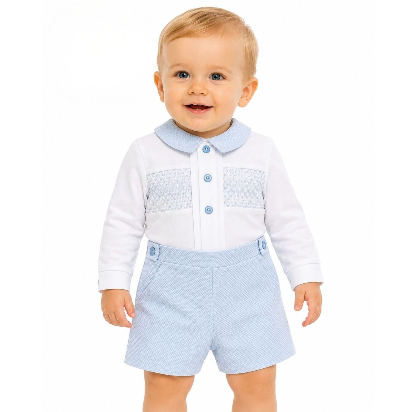 Kleo Kids Baby Boys Blue Smocked Shirt & Shorts Outfit
