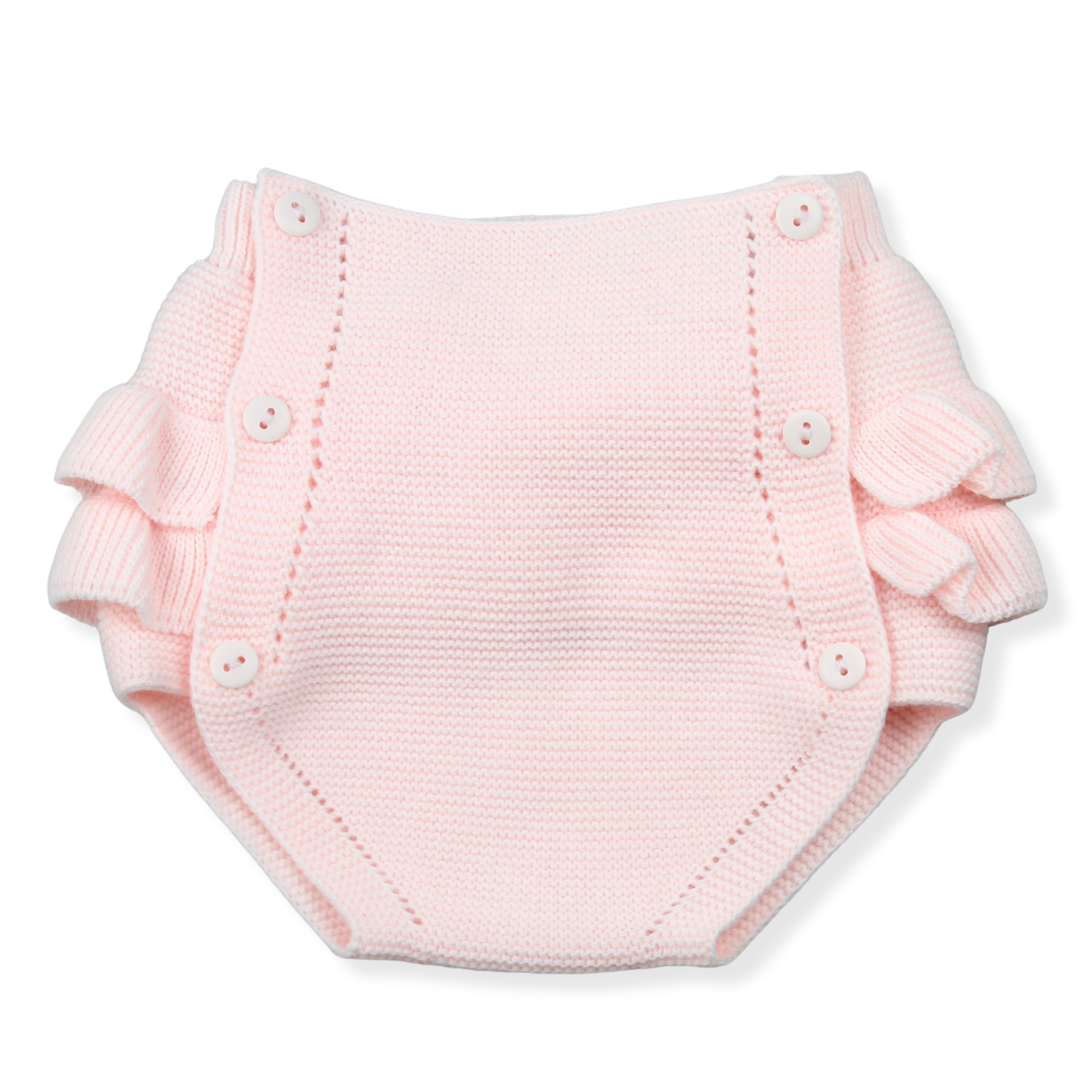 Pink knitted diaper with ruffles on a white background