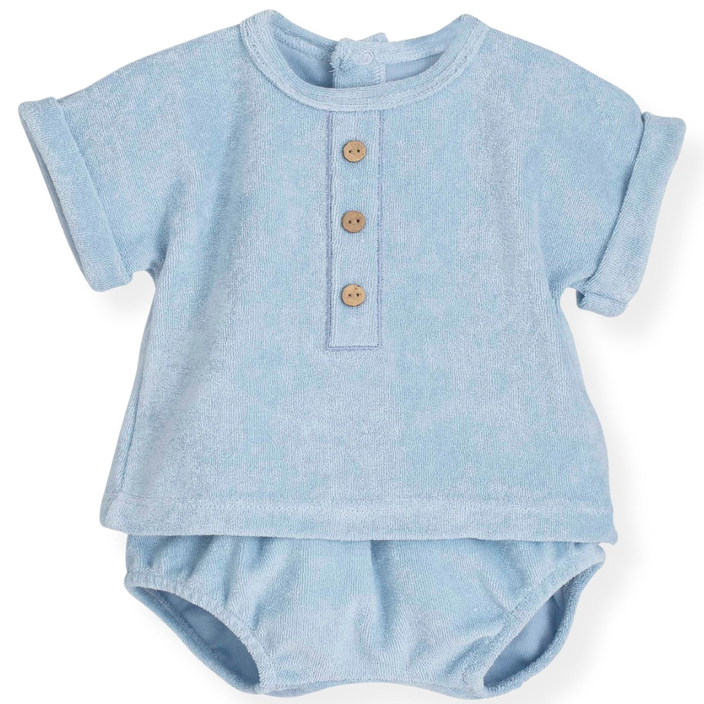 Light blue baby romper with short sleeves on a white background