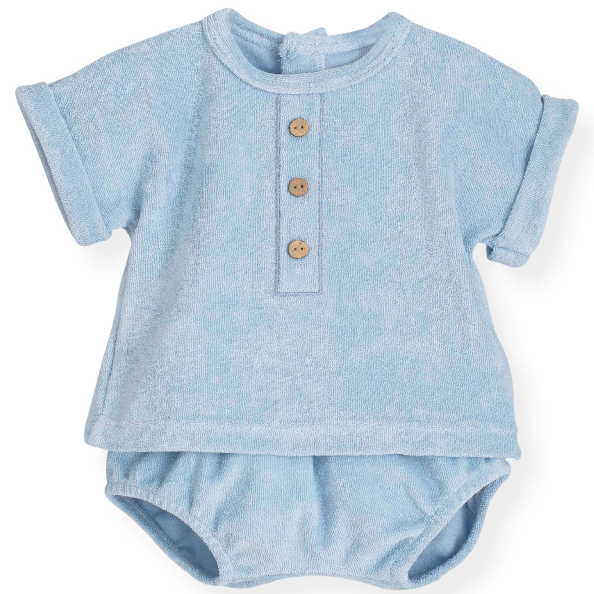 Light blue baby romper with short sleeves on a white background