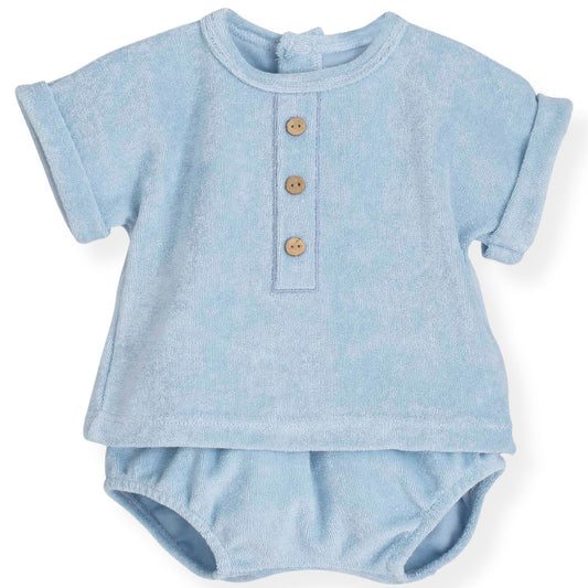Light blue baby romper with short sleeves on a white background