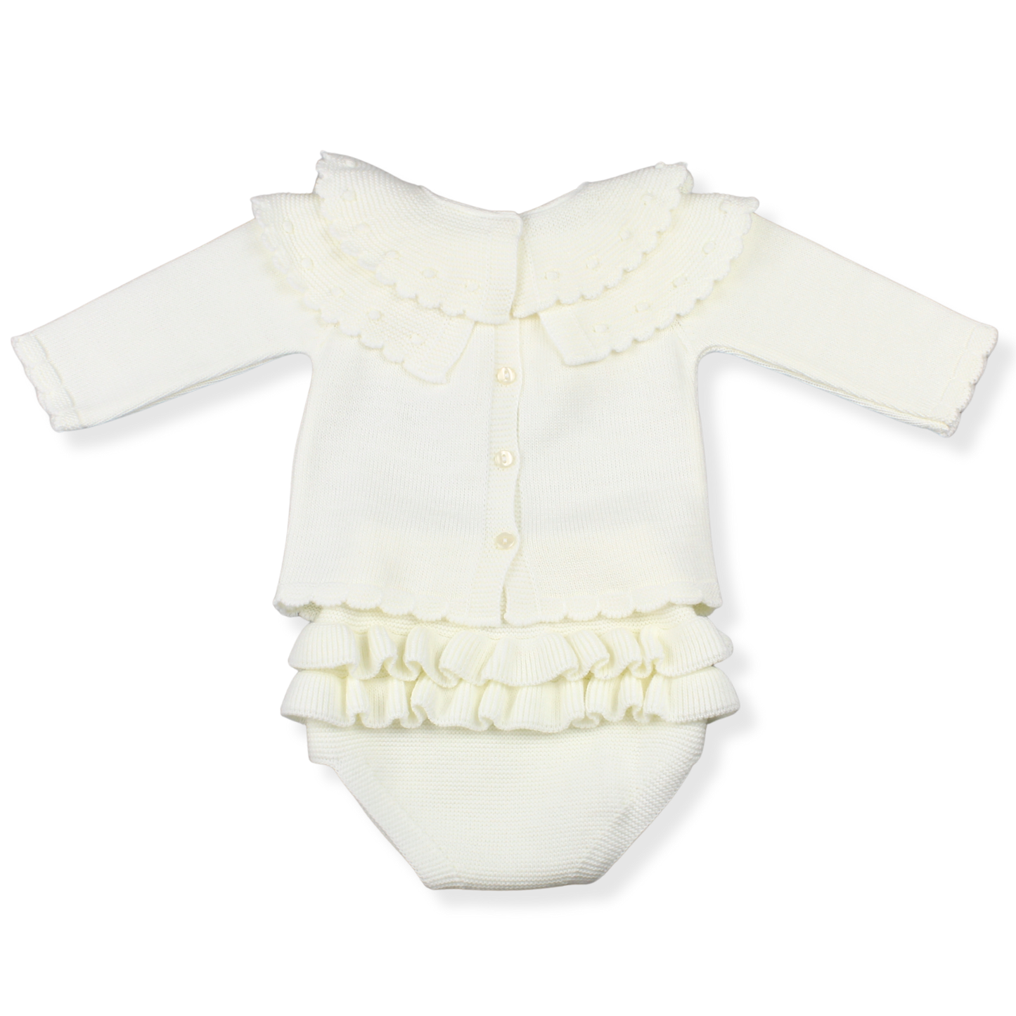 White baby outfit with long-sleeve top and ruffled diaper cover on a white background