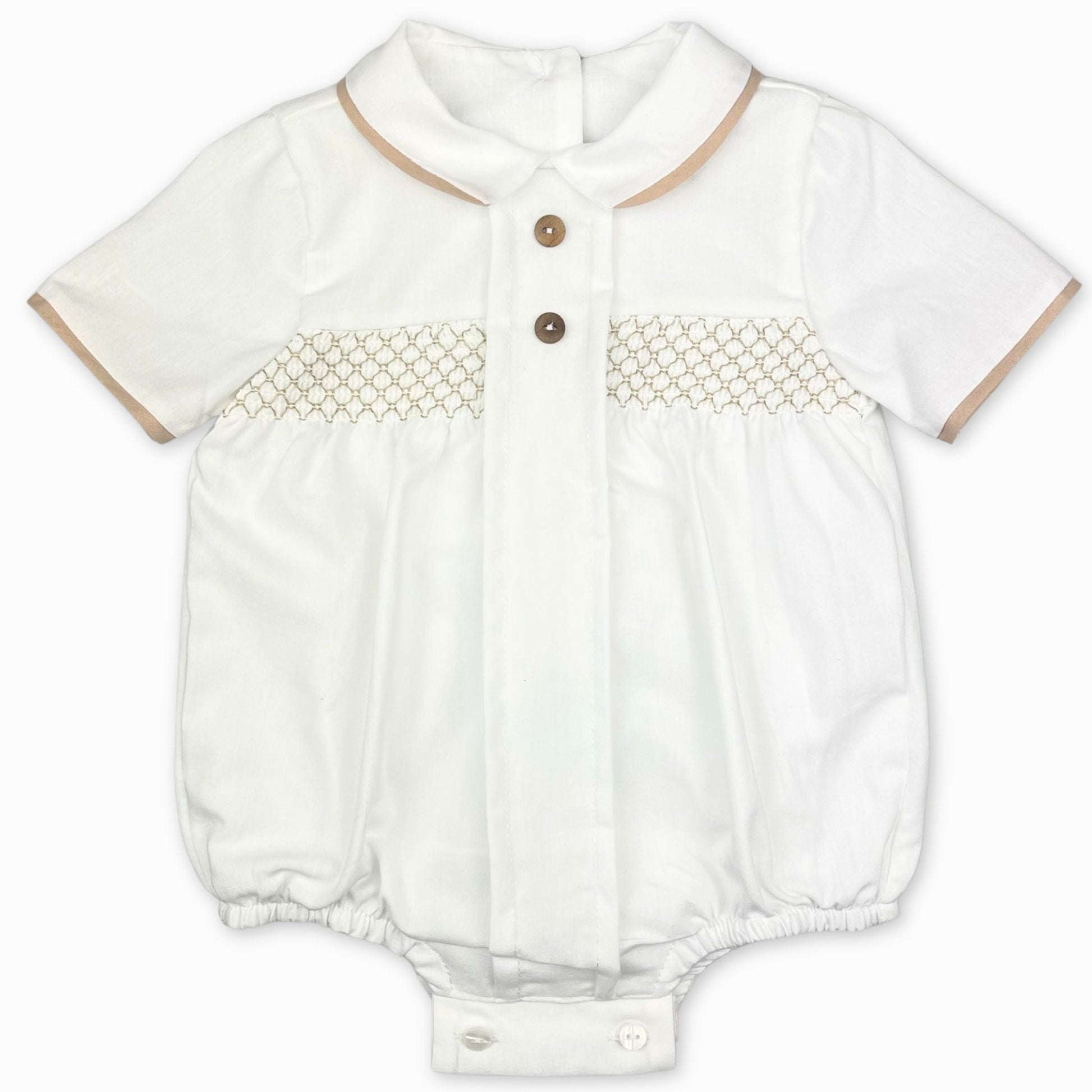 baby boys white and beige smocked romper