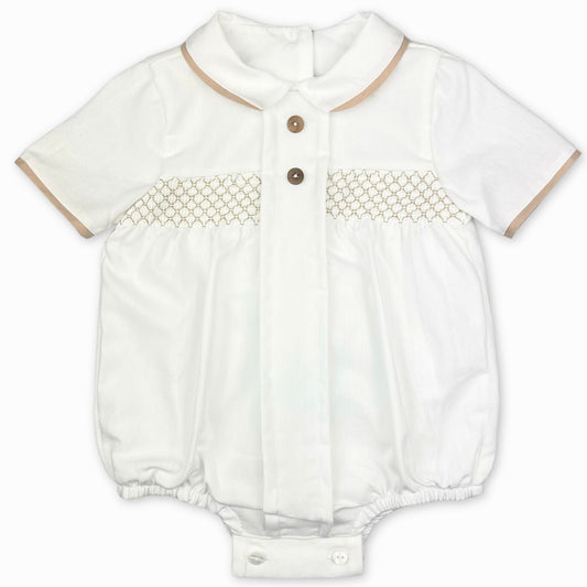 baby boys white and beige smocked romper