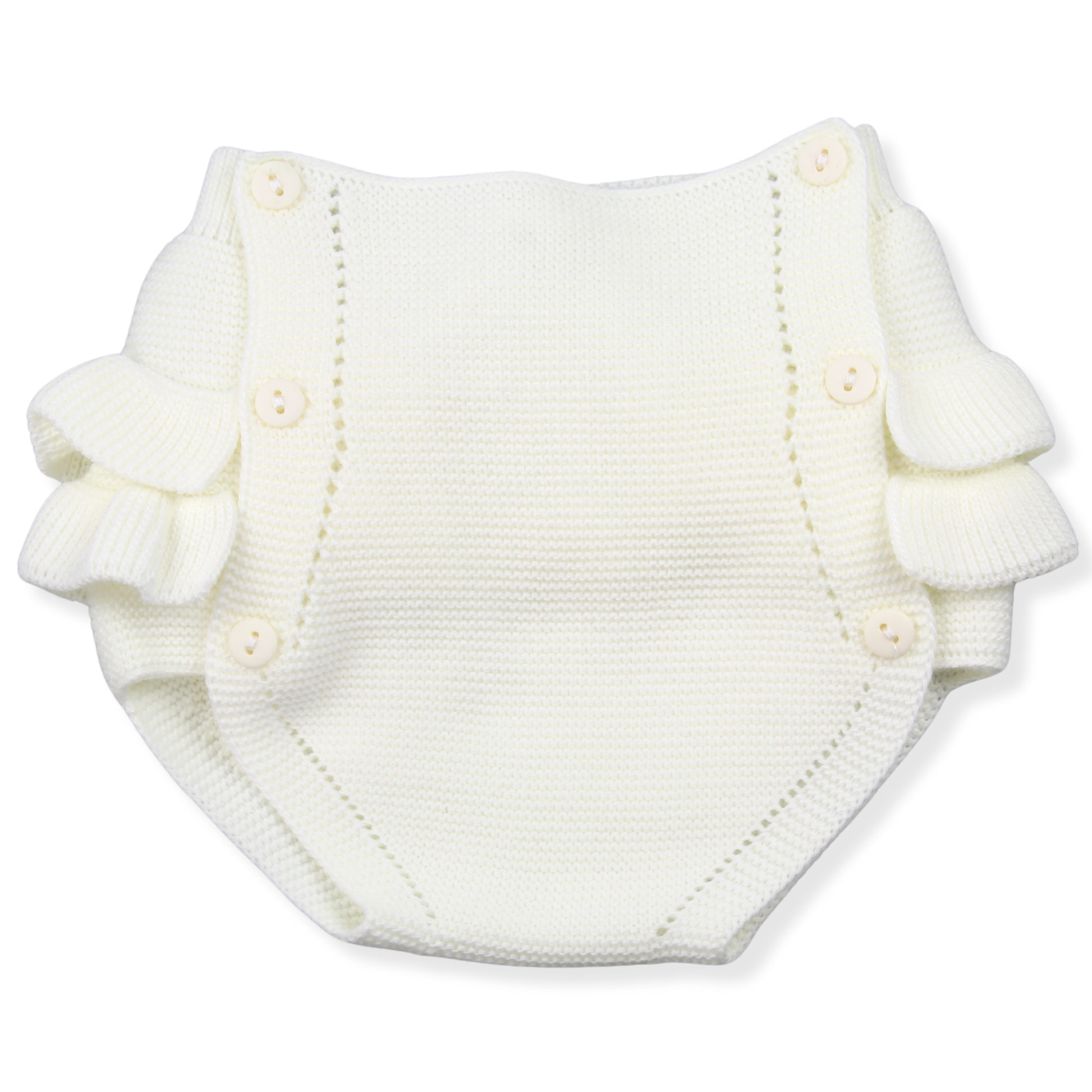 White knitted baby romper with ruffled sleeves on a white background