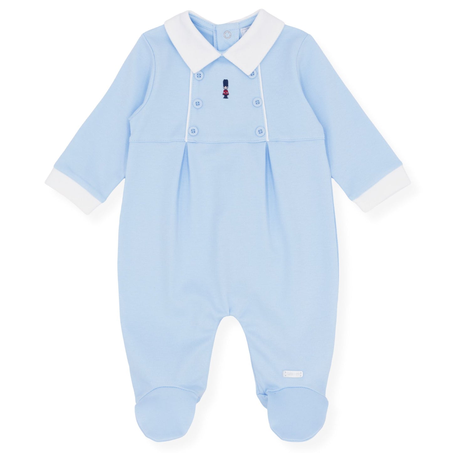 Light blue baby onesie with white collar on a white background