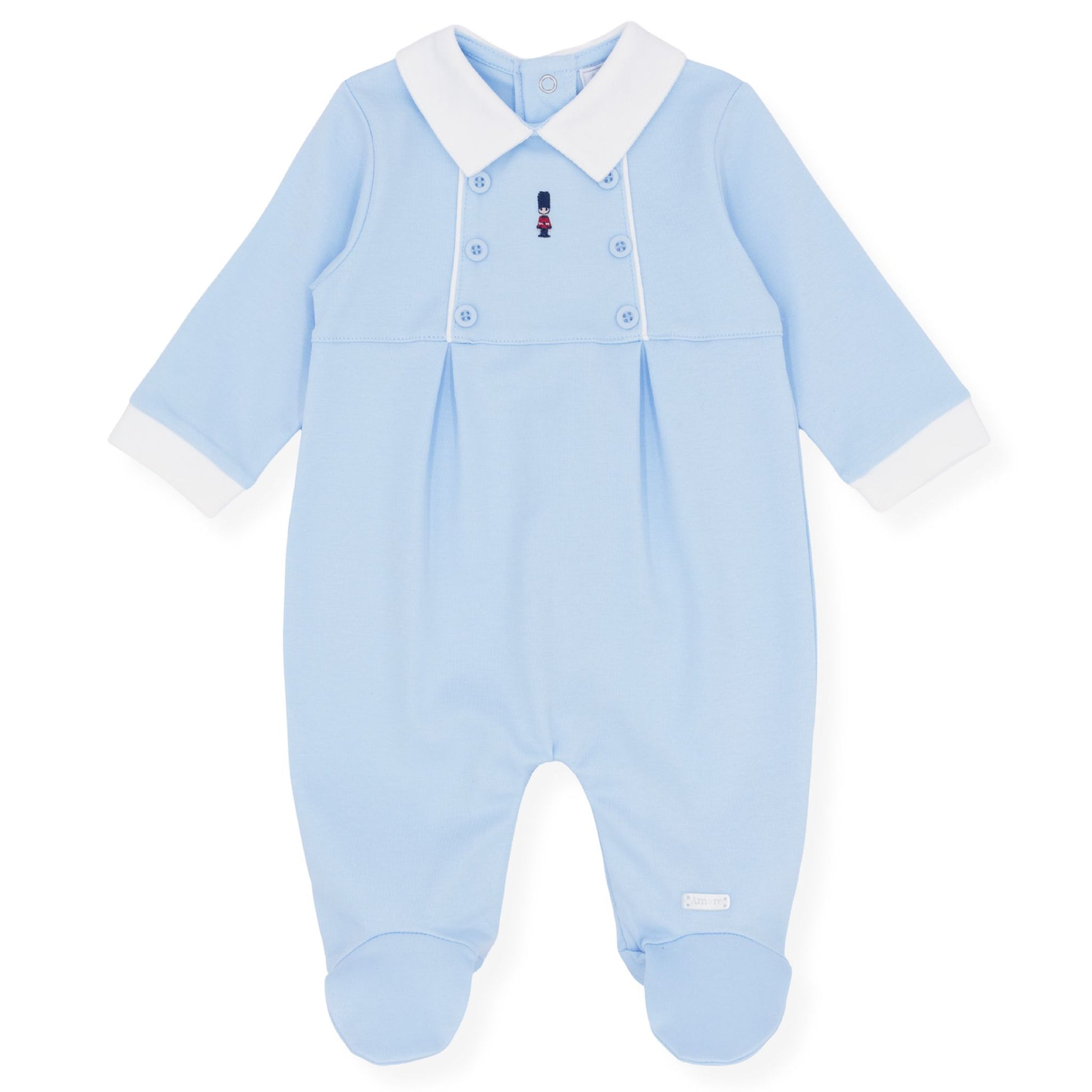 Light blue baby onesie with white collar on a white background