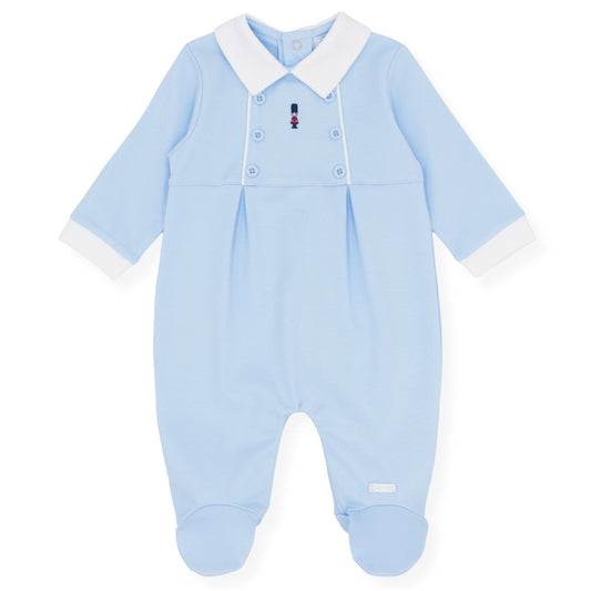 Light blue baby onesie with white collar on a white background