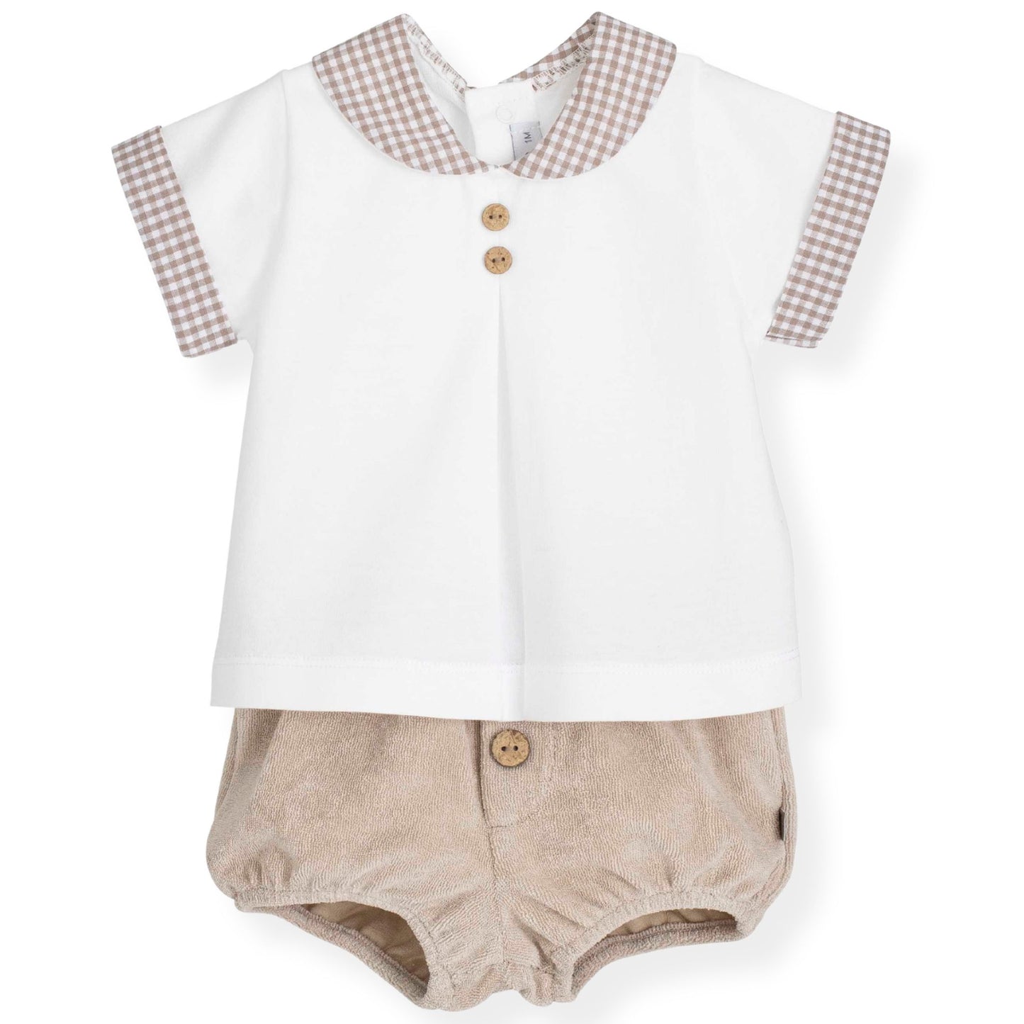 Baby boys short and shirts set white and beige with gingham collar