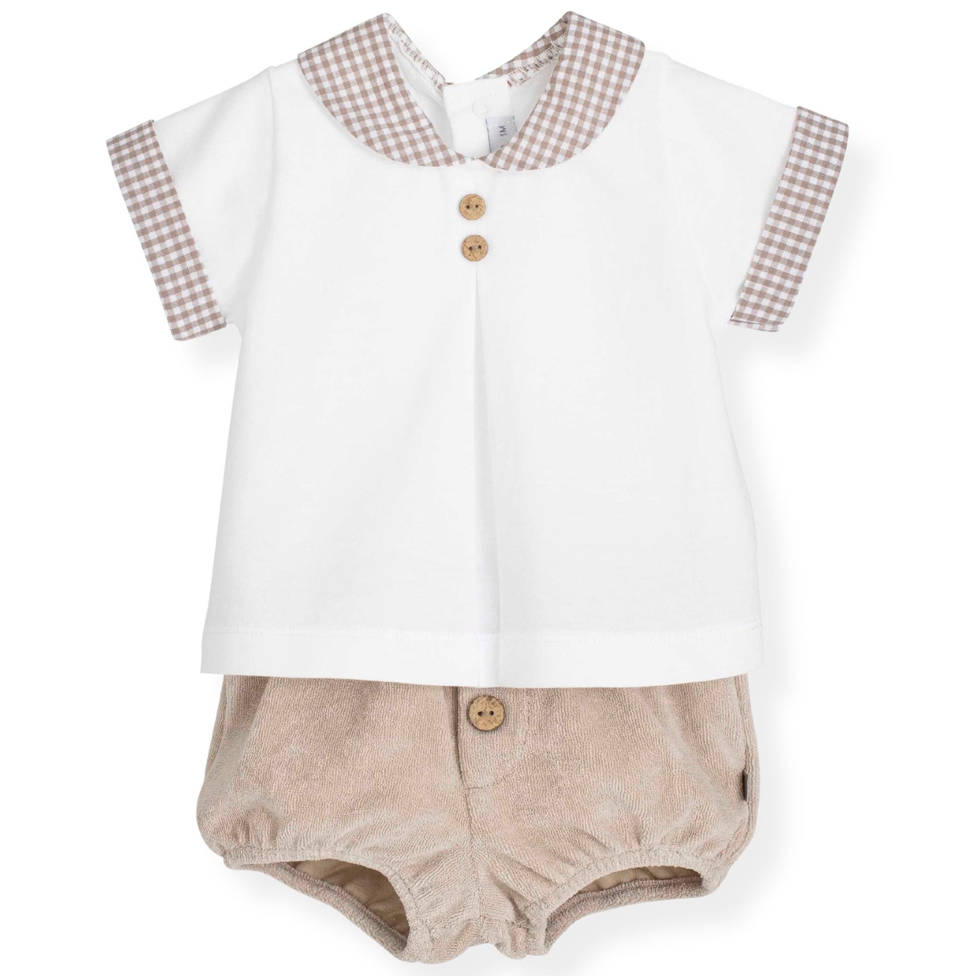 Baby boys short and shirts set white and beige with gingham collar
