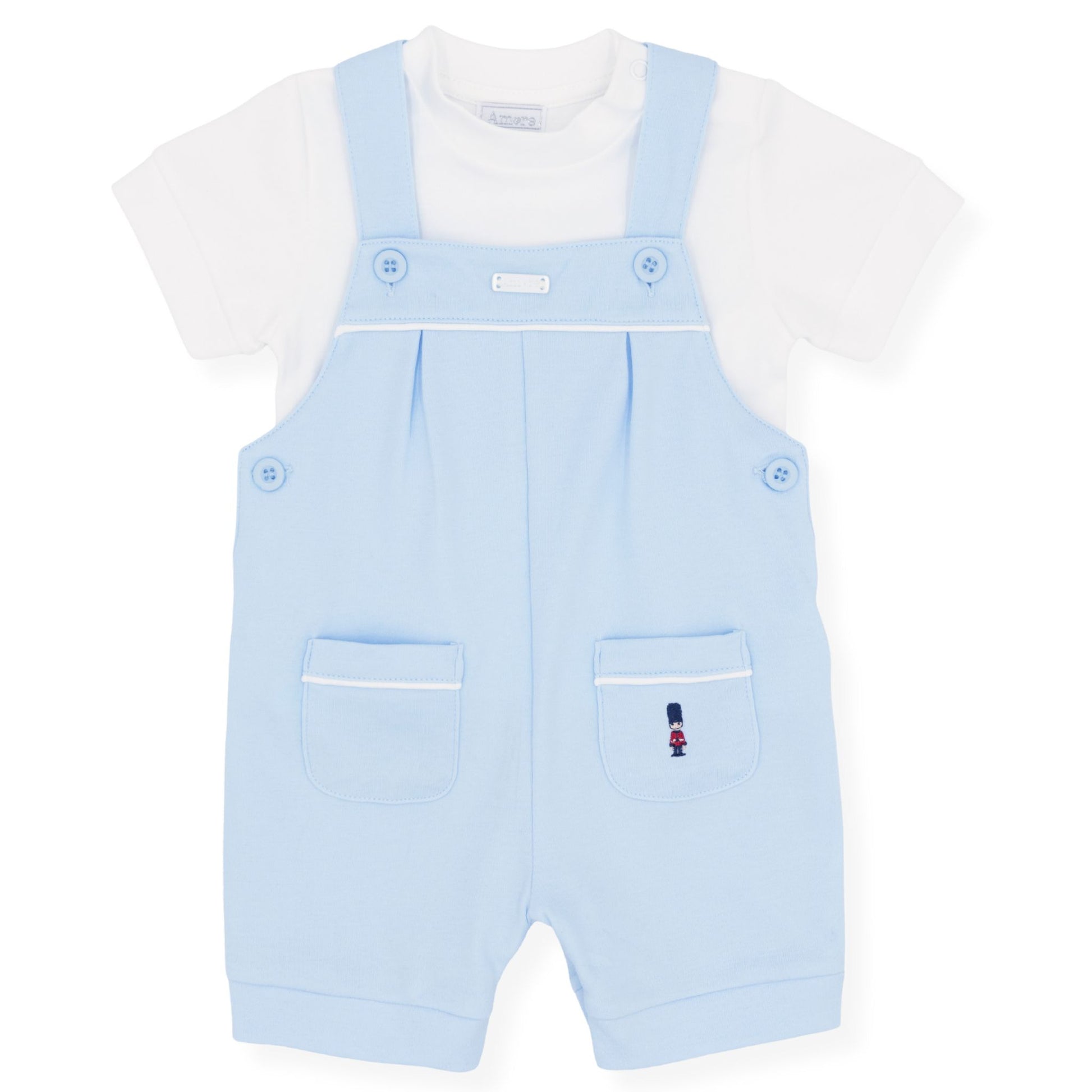 Baby boys outfit in blue with white shirt and soldier detail