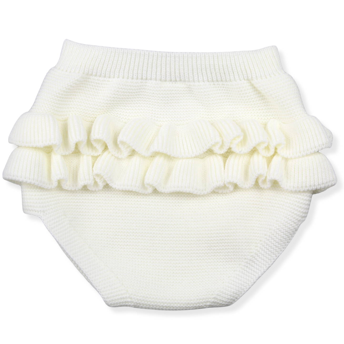 White ruffled baby bloomers on a white background