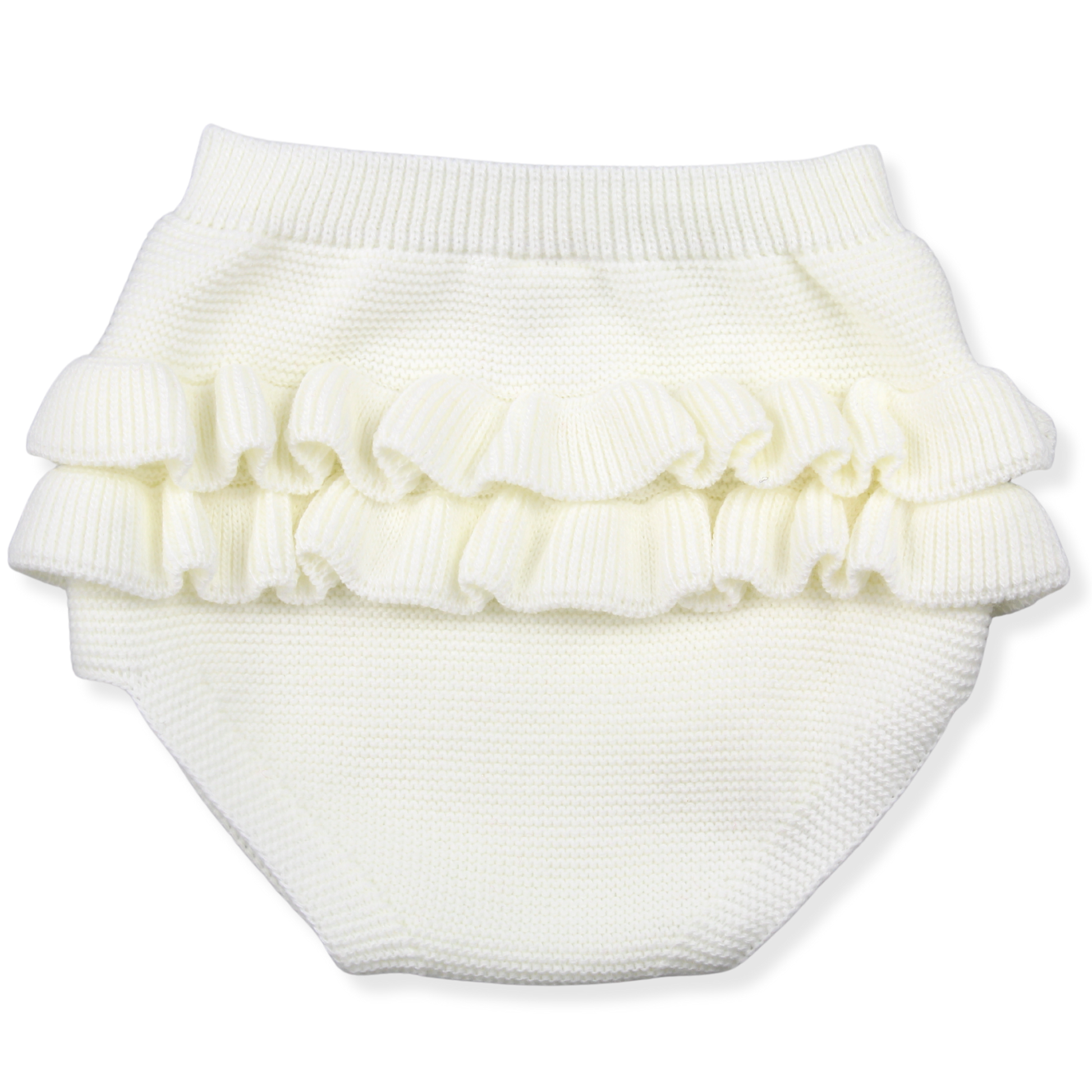 White ruffled baby bloomers on a white background