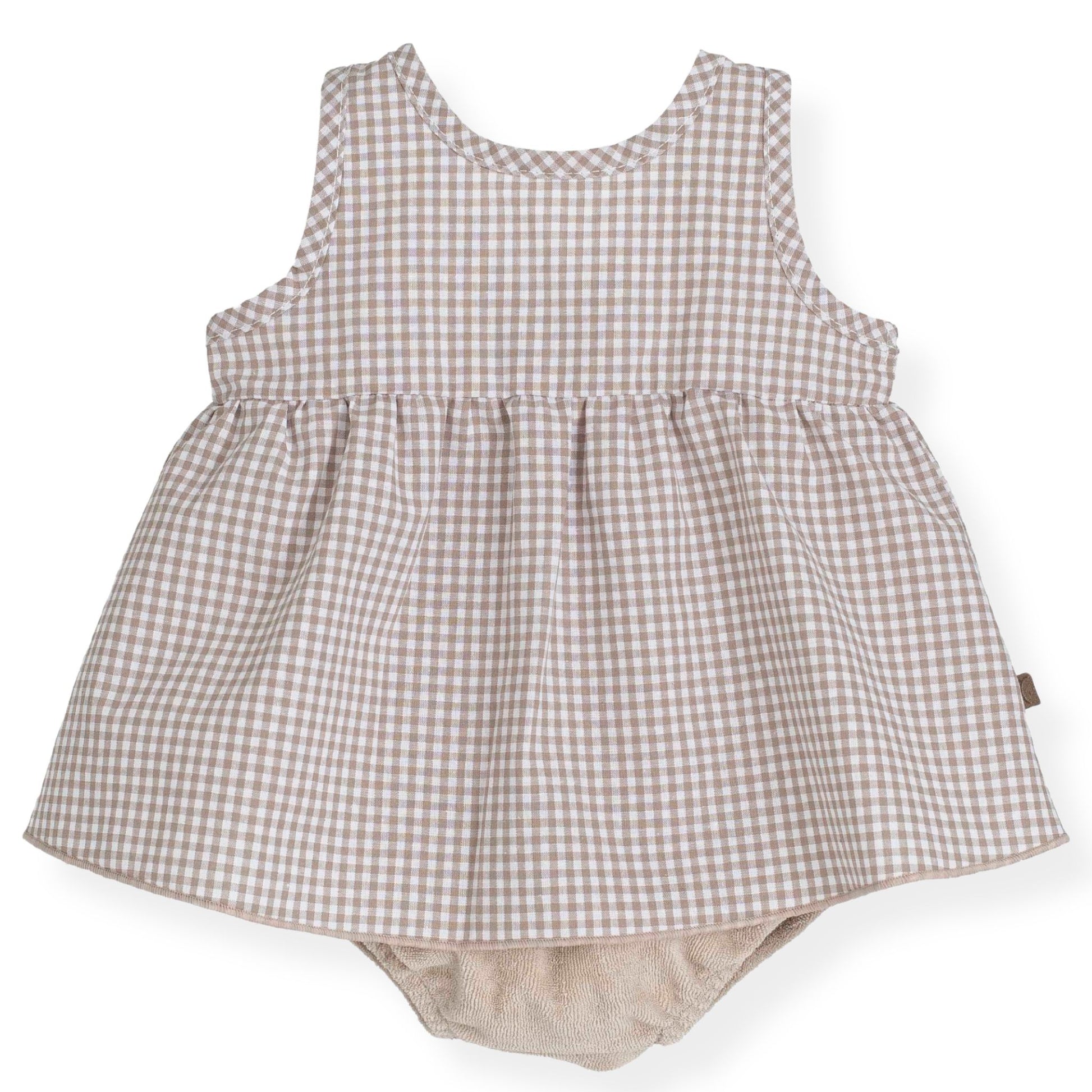 Baby romper with gingham pattern on a white background
