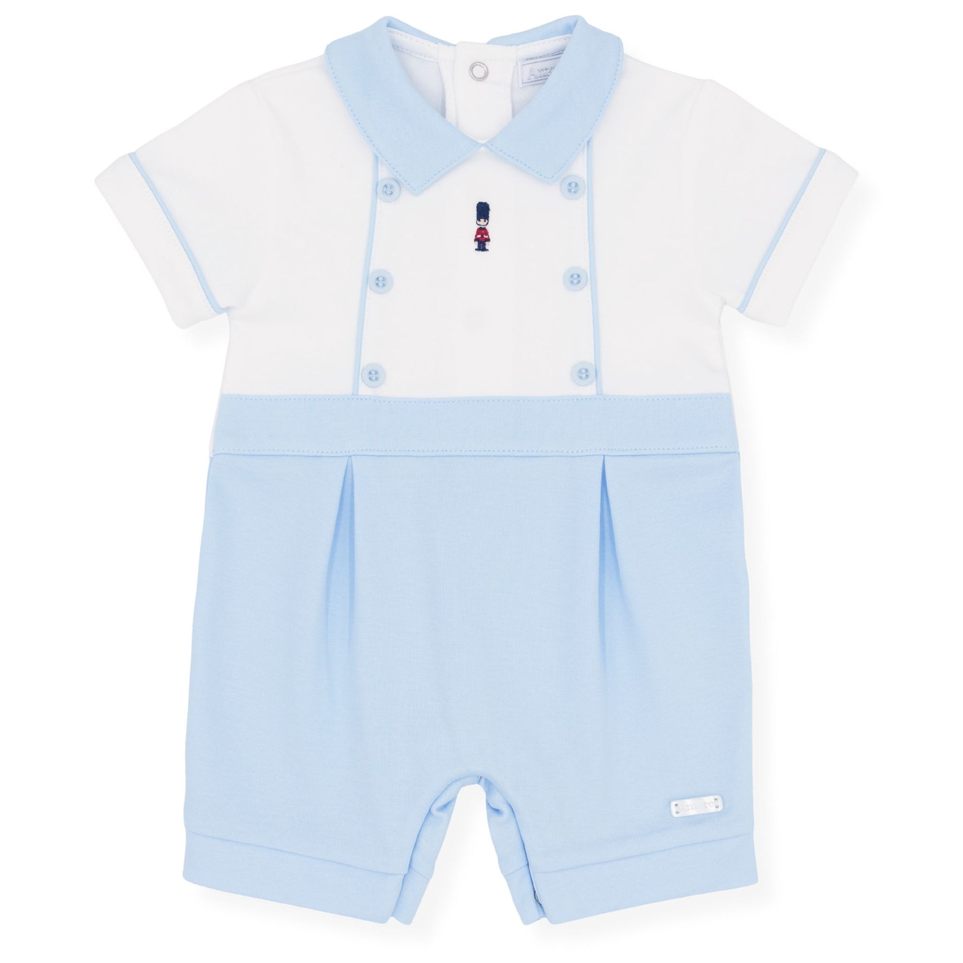 Baby romper with light blue and white design on a white background
