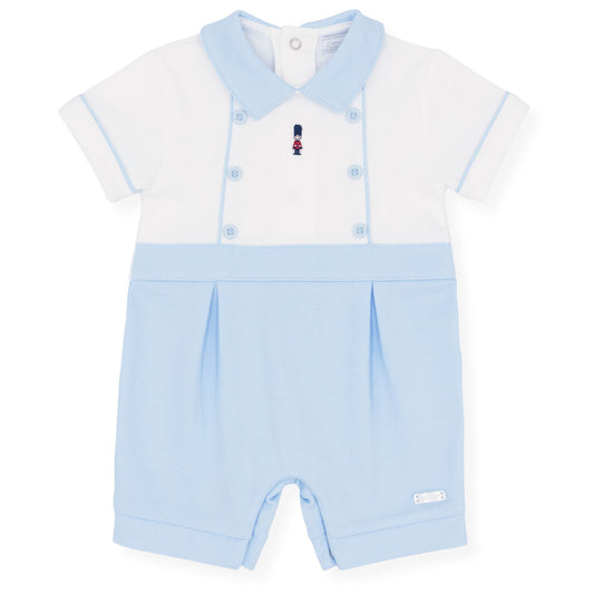 Baby romper with light blue and white design on a white background
