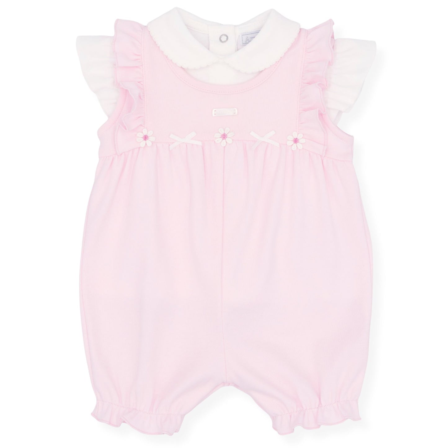 Pink baby romper with white collar on a white background
