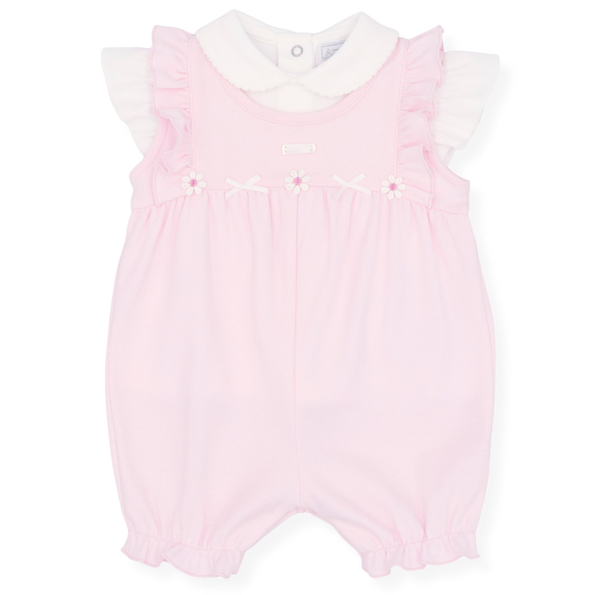 Pink baby romper with white collar on a white background