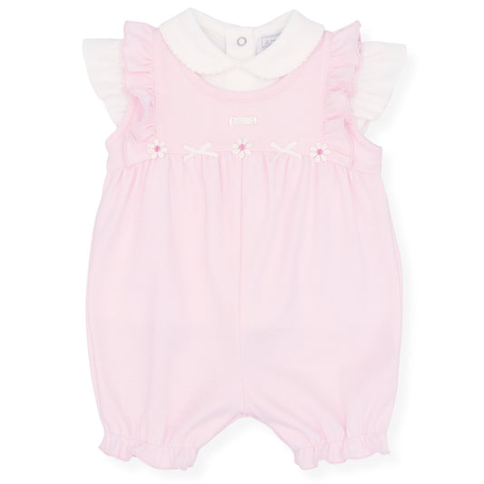 Pink baby romper with white collar on a white background