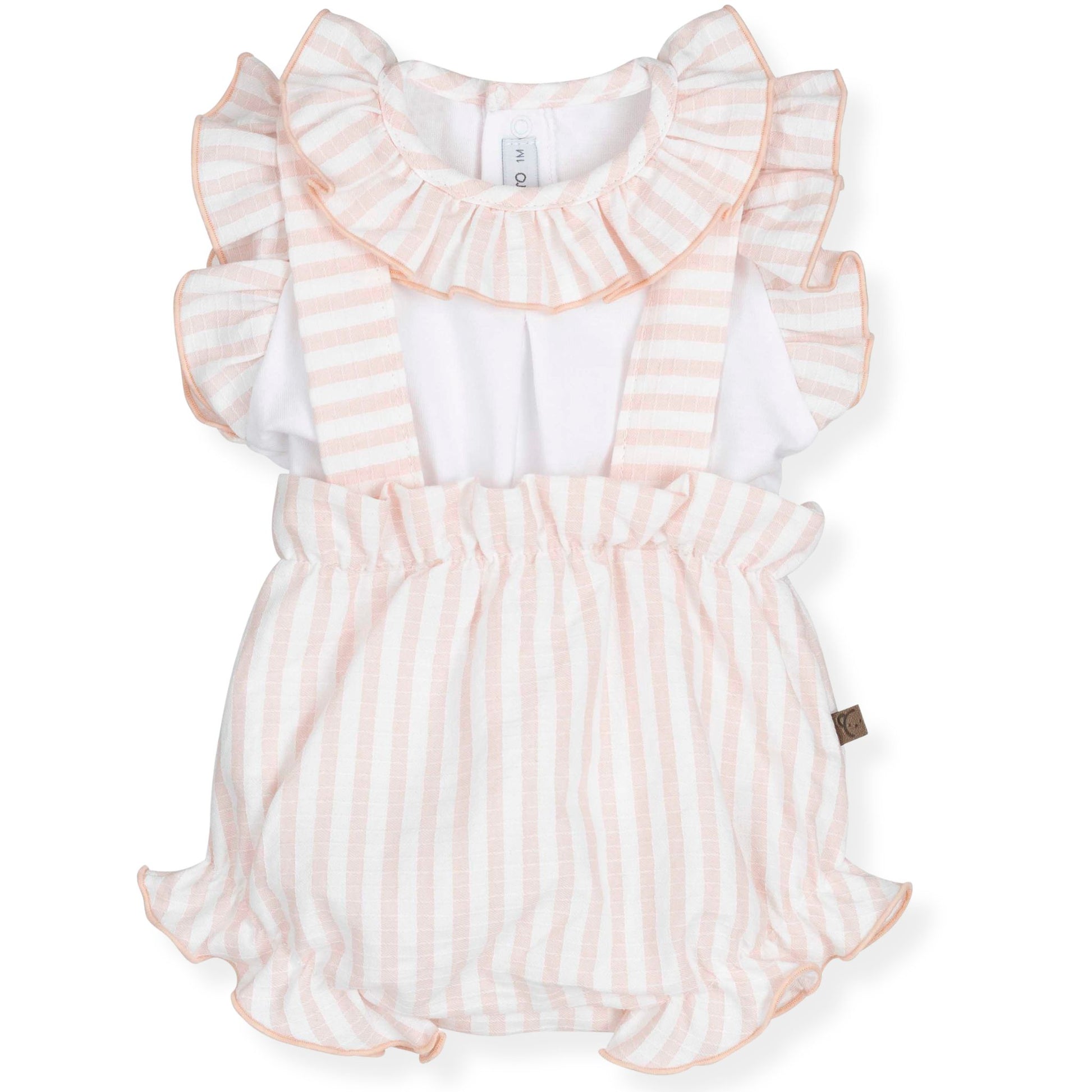 Baby romper with ruffled top and striped pattern on a white background