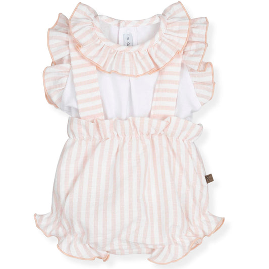 Baby romper with ruffled top and striped pattern on a white background