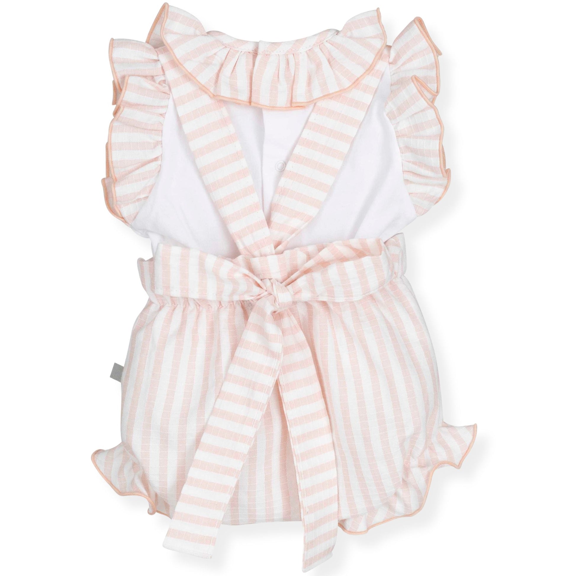Pink and white striped romper with ruffled details on a white background