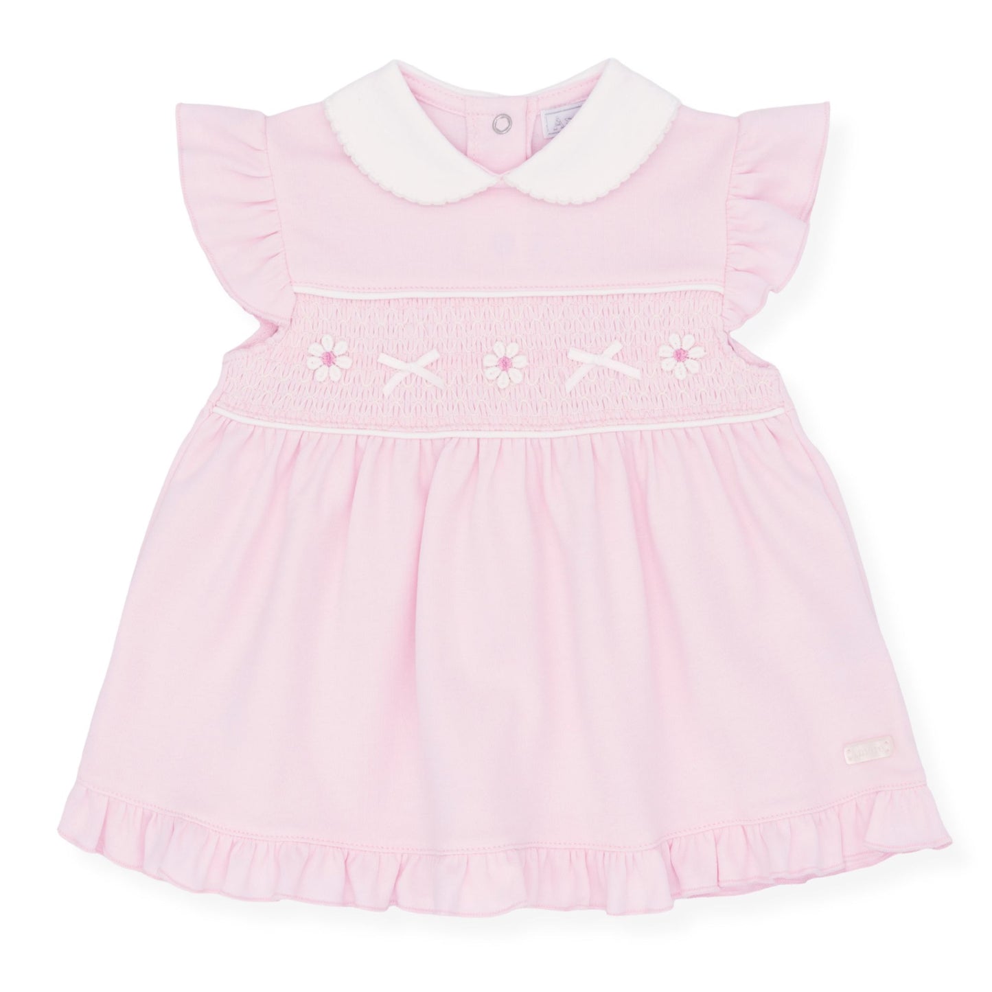 Amore Baby Girls Pink Dress with Frill Sleeves & Embroidered Flowers