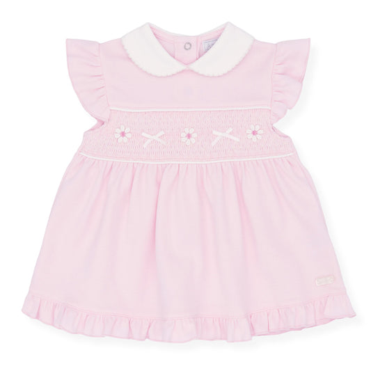 Amore Baby Girls Pink Dress with Frill Sleeves & Embroidered Flowers