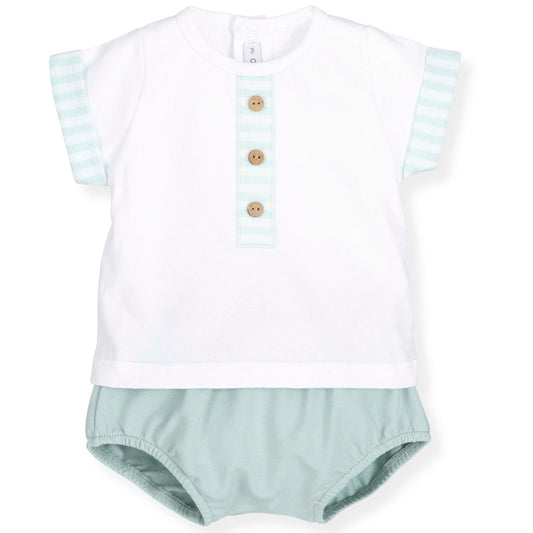 Baby romper with white top and light green bottom on a white background