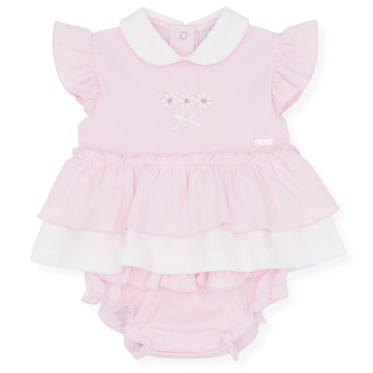 Amore Baby Girls Pink Frill Layer Dress with Daisy Embroidery & Bloomers