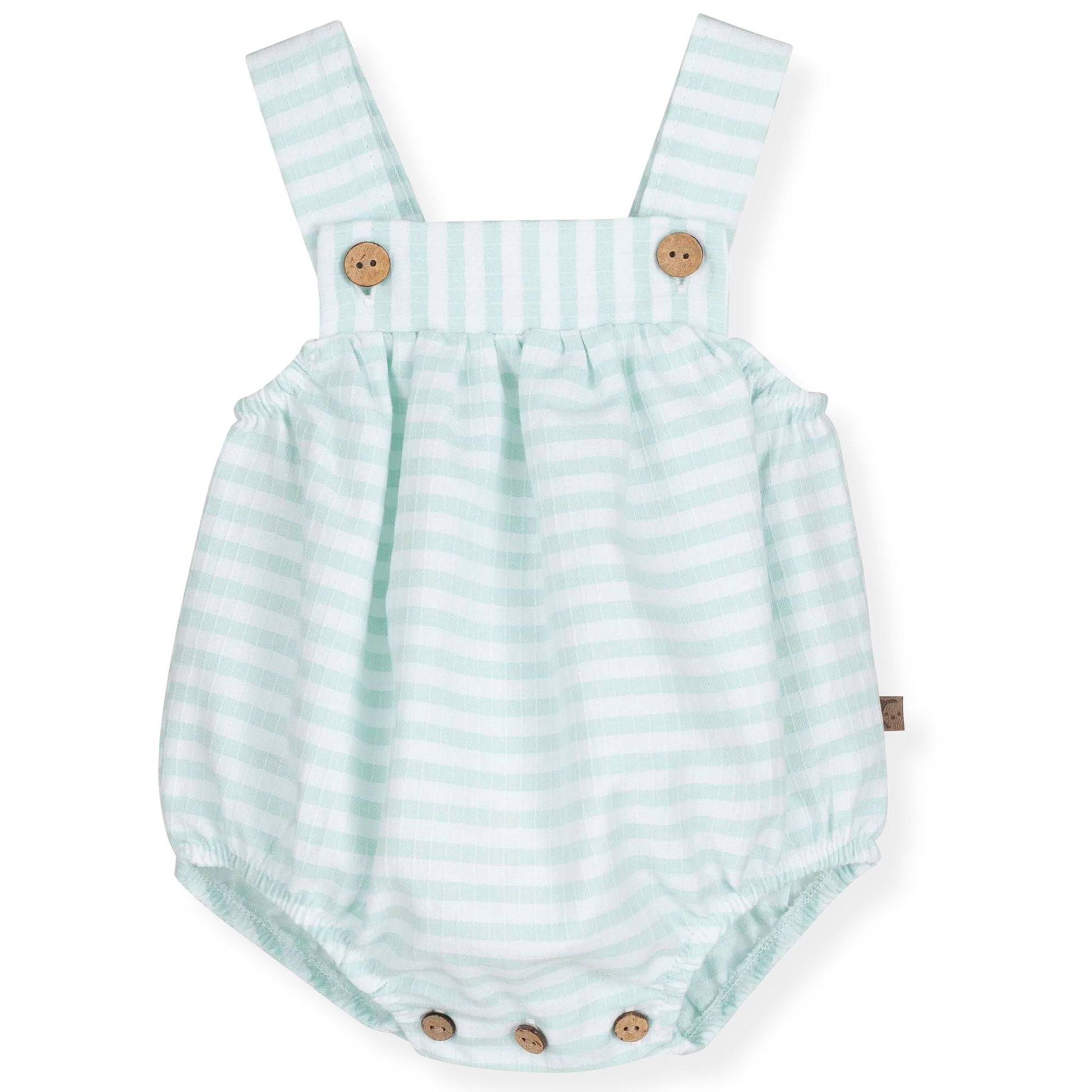 Striped baby romper with suspenders on a white background