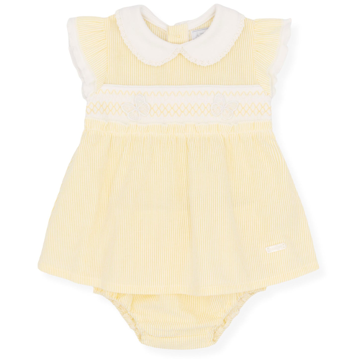 Yellow baby romper with white collar on a white background
