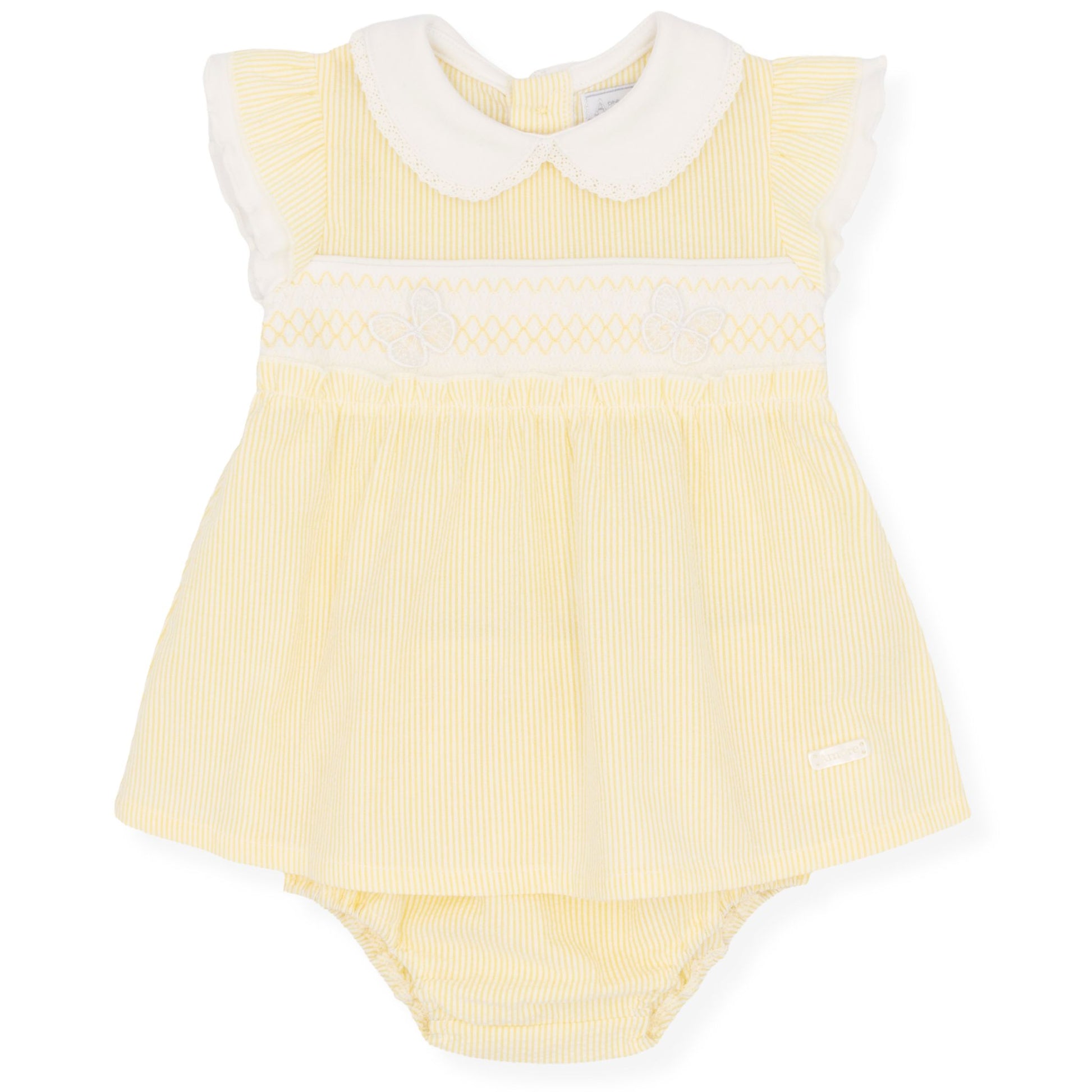 Yellow baby romper with white collar on a white background