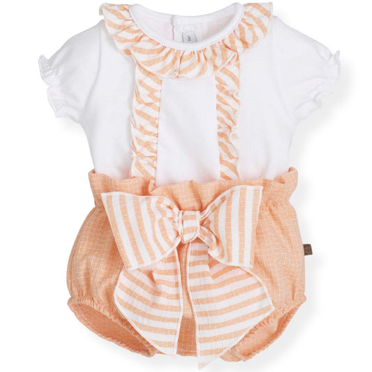 Baby romper with white top and peach striped bloomers on a white background