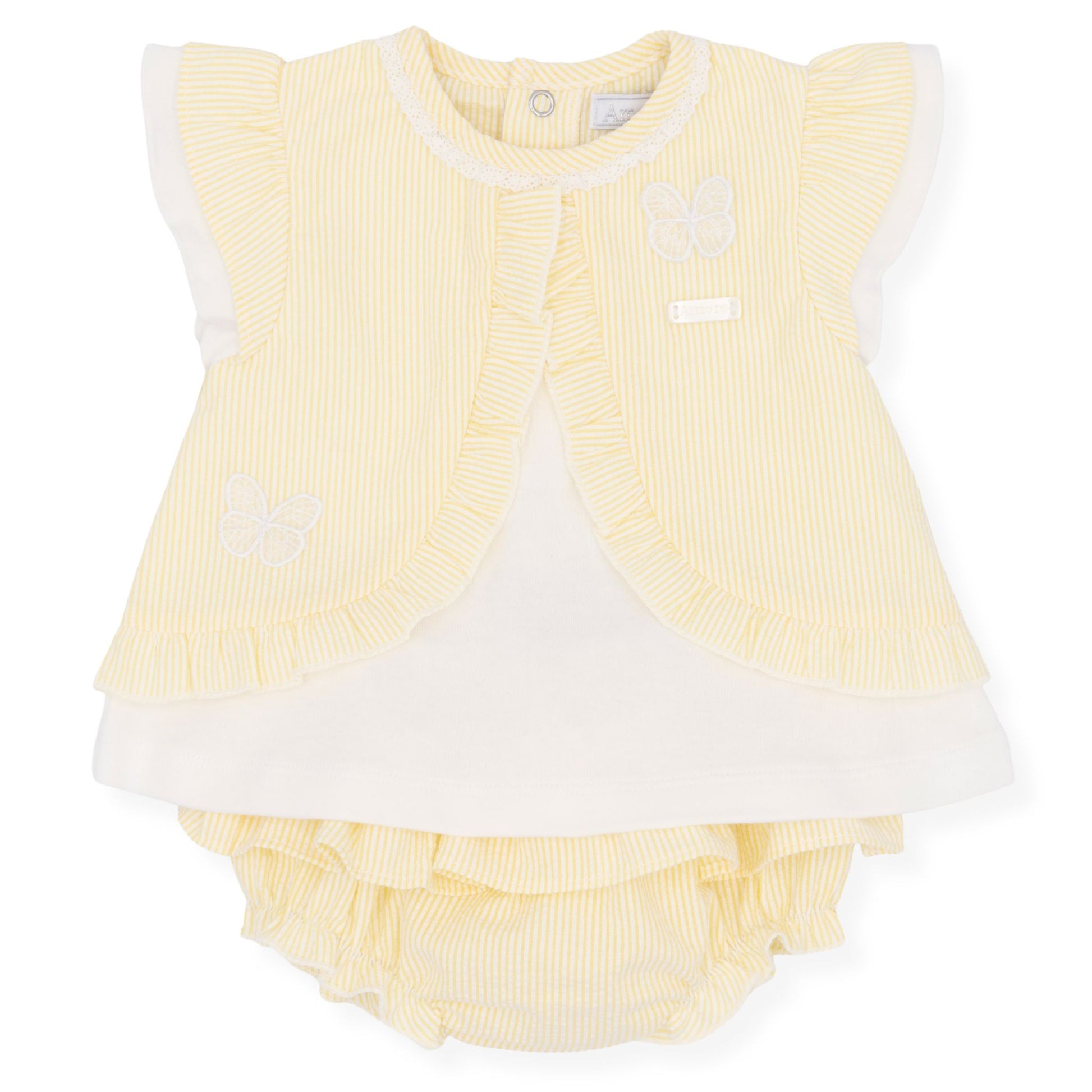 Yellow baby romper with white trim on a white background