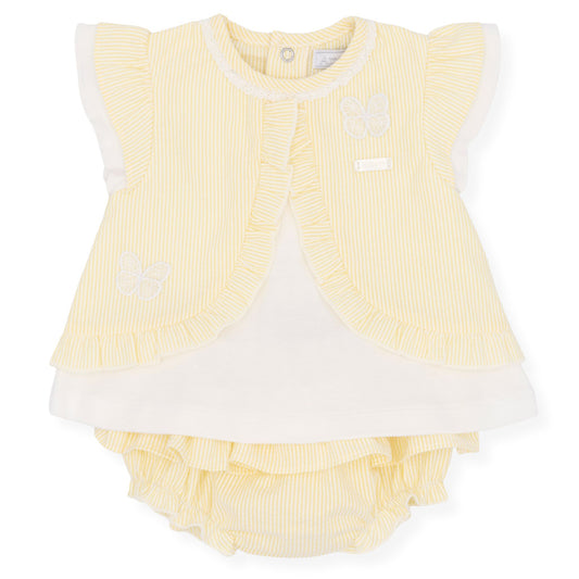 Yellow baby romper with white trim on a white background