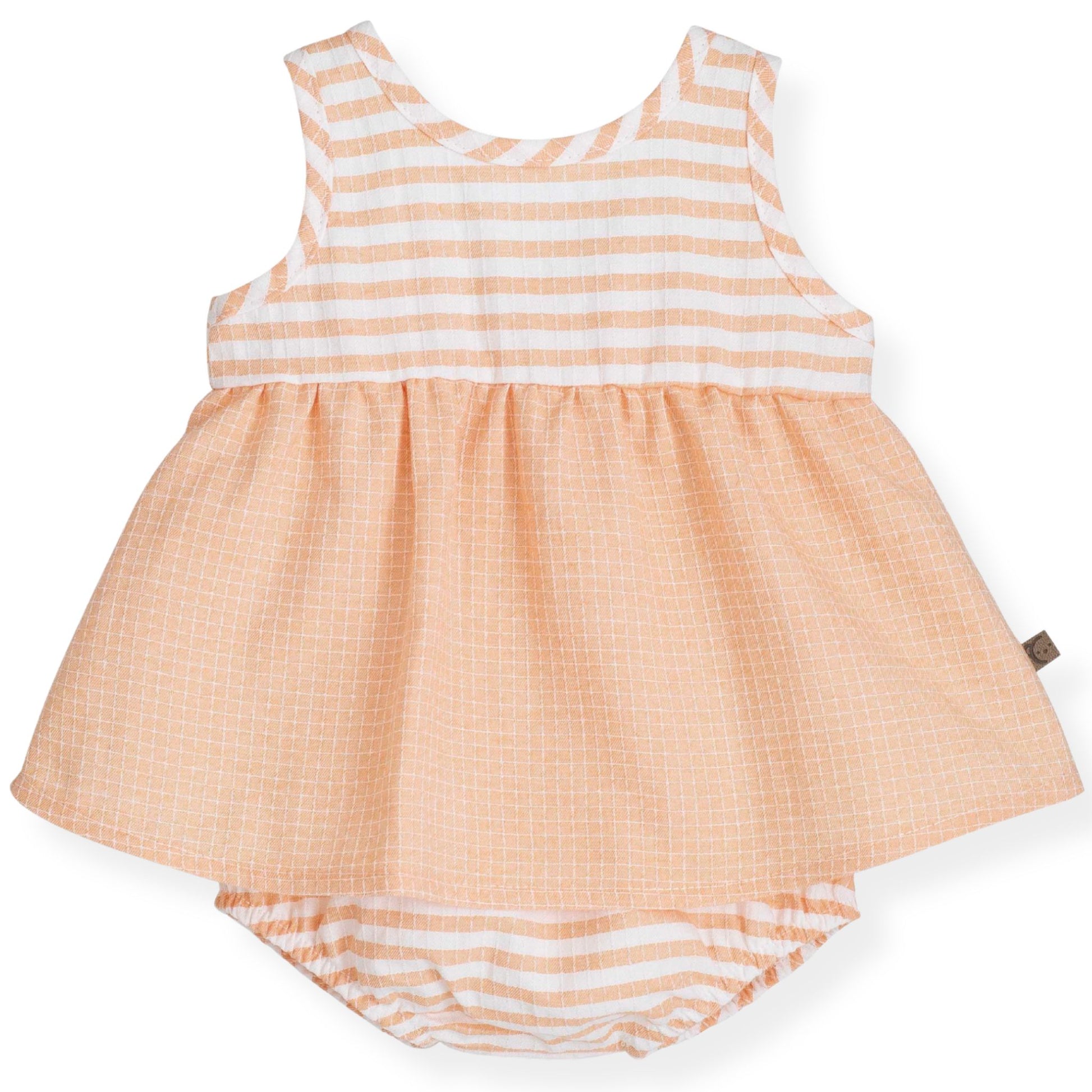 Children's dress with orange and white striped pattern on a white background