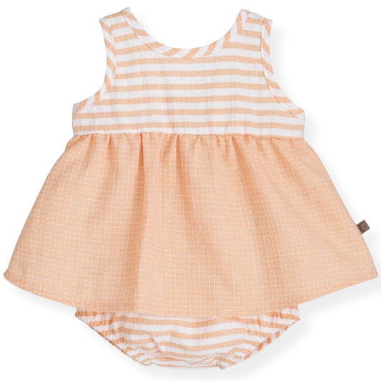 Children's dress with orange and white striped pattern on a white background